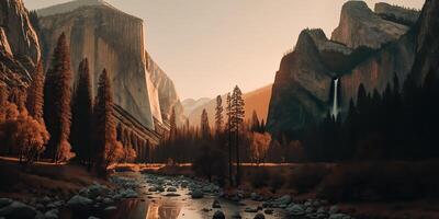 ai gerado. ai generativo. foto realista ilustração do EUA americano yosemite nacional parque dentro a tarde manhã. aventura explorar vibe. gráfico arte