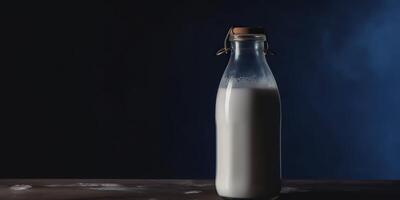 ai gerado. ai generativo. zombar acima foto cópia de espaço ilustração do retro vintage vidro garrafa do leite em cozinha mesa. gráfico arte