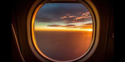 ai gerado. ai generativo. foto realista ilustração do nuvens acima céu acima dentro a ar Visão através a ar avião aeronave janela. aventura viagem período de férias vibe. gráfico arte