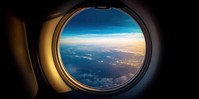 ai gerado. ai generativo. foto realista ilustração do nuvens acima céu acima dentro a ar Visão através a ar avião aeronave janela. aventura viagem período de férias vibe. gráfico arte