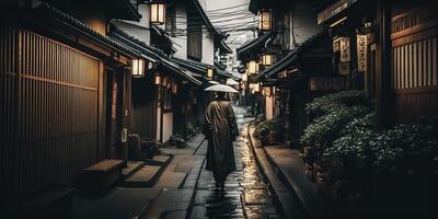 ai gerado. ai generativo. foto realista fotografia ilustração do antigo velho vintage retro Japão Quioto cidade. aventura ásia exploração vibe. gráfico arte