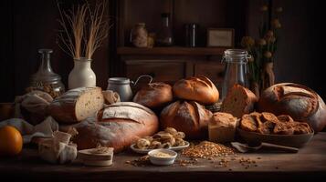 ai gerado. ai generativo. uma muitos do diferente fresco cozido pão produtos e desertos. padaria caloroso vibe. gráfico arte foto