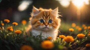 adorável gatinha gato dentro flor jardim com lindo pôr do sol luz, ai gerado foto