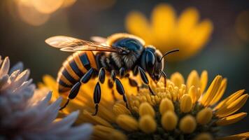 macro tiro do uma abelha em uma flor com cintilante pôr do sol luz, ai gerado foto