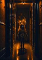 a arrepiante fantasma boneca dentro a assustador assombrada corredor, ai gerado foto