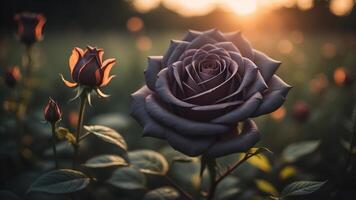 Preto rosa flor com brilhante pôr do sol luz, ai gerado foto