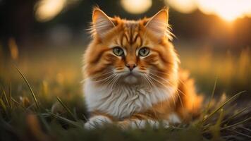 fofa laranja gato em uma campo do Relva com cintilante pôr do sol luz, ai gerado foto