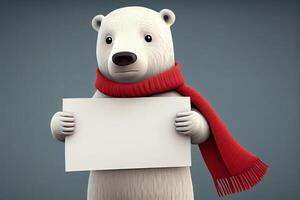 fofa 3d desenho animado polar Urso dentro uma vermelho cachecol segurando uma em branco placa. generativo ai. digital arte ilustração foto