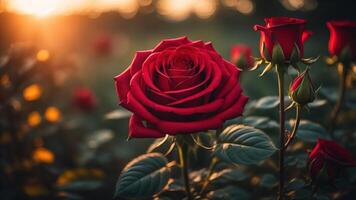 lindo vermelho rosa com uma bokeh fundo e lindo pôr do sol luz, ai gerado foto