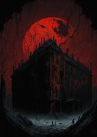 ilustração do uma assustador construção com uma vermelho lua dentro a fundo, com uma arrepiante e assustador atmosfera, ai gerado foto