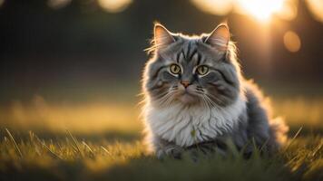 fofa cinzento gato em uma campo do Relva com cintilante pôr do sol luz, ai gerado foto