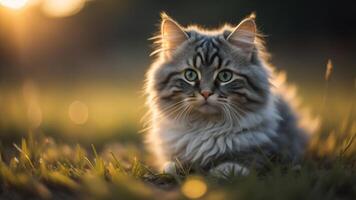 fofa cinzento gato em uma campo do Relva com cintilante pôr do sol luz, ai gerado foto