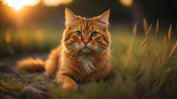 fofa laranja gato em uma campo do Relva com cintilante pôr do sol luz, ai gerado foto