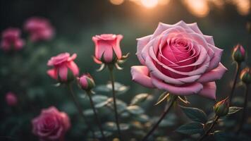 Rosa rosa flor com uma lindo pôr do sol luz, gerar ai foto