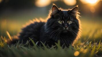 fofa Preto gato em uma campo do Relva com cintilante pôr do sol luz, ai gerado foto