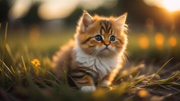 laranja gatinha gato em uma campo do Relva com cintilante pôr do sol luz, ai gerado foto