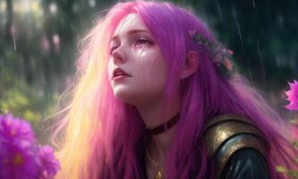 lindo Rosa cabelos mulher chorando com flores por aí dela dentro a chuva, ai gerado foto