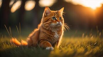 fofa laranja gato em uma campo do Relva com cintilante pôr do sol luz, ai gerado foto