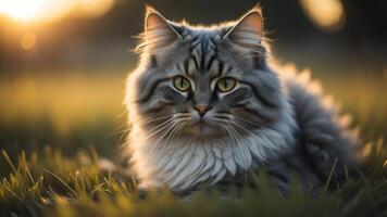 fofa cinzento gato em uma campo do Relva com cintilante pôr do sol luz, ai gerado foto