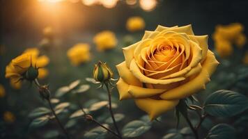 natural amarelo rosa flores com uma cintilante pôr do sol luz, ai gerado foto