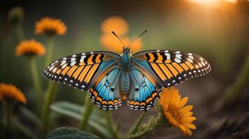 macro tiro do uma borboleta em uma flor com a pôr do sol luz dentro a fundo, ai gerado foto