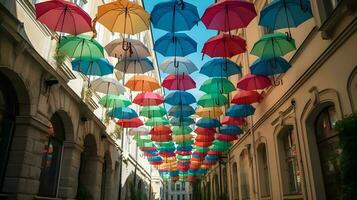 rua com colorida guarda-chuvas decoração atração para turista. foto