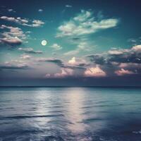 panorama Visão do a mar colorida céu com nuvem e brilhante cheio lua em marinha para noite. ai generativo foto