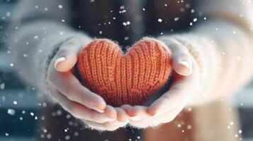 mãos com tricotado coração dentro inverno. ilustração ai generativo foto