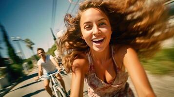 feliz jovem mulher equitação bicicleta. ilustração ai generativo foto