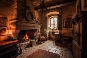 acolhedor lareira dentro uma quarto dentro uma medieval gótico castelo. ai gerado foto