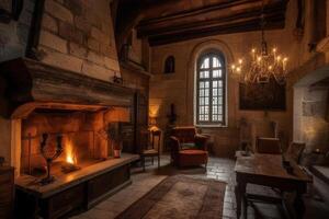 acolhedor lareira dentro uma quarto dentro uma medieval gótico castelo. ai gerado foto