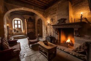 acolhedor lareira dentro uma quarto dentro uma medieval gótico castelo. ai gerado foto