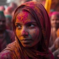 uma menina com colori pó em dela face generativo ai gerado foto