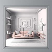 uma quarto com uma sofá e uma estante com uma cenário generativo ai gerado foto