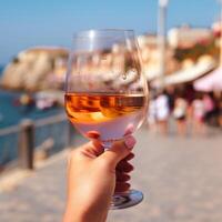 uma vidro do vinho é mantido acima dentro frente do uma de praia generativo ai gerado foto