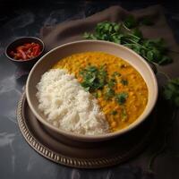 uma tigela do arroz com uma tigela do vermelho Pimenta generativo ai gerado foto