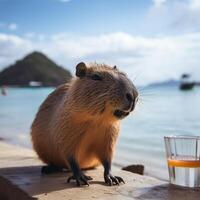 uma capivara com uma vidro do suco generativo ai gerado foto