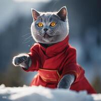uma cinzento gato vestindo uma vermelho equipamento generativo ai gerado foto