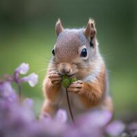 uma esquilo com uma vermelho face é comendo uma flor generativo ai gerado foto