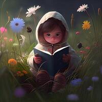 menina lendo uma livro. ilustração. generativo ai foto