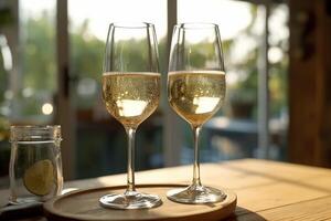 dois óculos cheio do espumante champanhe vinho em mesa, ai generativo foto