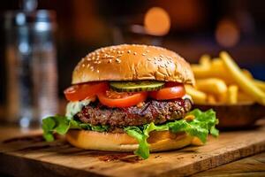 hamburguer com carne bovina, tomate e ervas, ai generativo foto