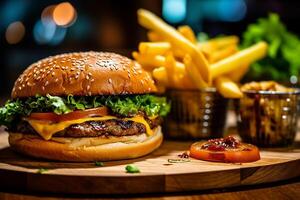 Hamburger servido com ervas e fritas, ai generativo foto