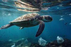 plástico poluição dentro oceano - tartaruga comer plástico saco , ai generativo foto