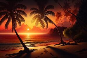 lindo Visão do pôr do sol com coco árvores generativo ai foto