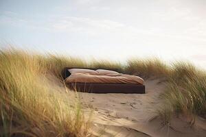 solitário cama ficar de pé em Relva duna Colina com lindo céu, surreal sonhe como paisagem, mínimo fundo, criativo cena, deserto cena com mobília, com generativo ai. foto