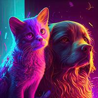 cachorro e gato néon cor. ilustração. generativo ai foto