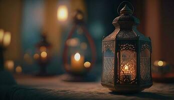 lindo luxo islâmico lanterna. árabe tradicional lanterna ou islâmico fundo, poster, ilustração foto