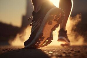 fechar acima do sapato, de atleta pé corredor corrida em a rua dentro a Sol dentro a manhã. generativo ai foto