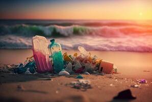 Lixo espalhados em a de praia. generativo ai foto